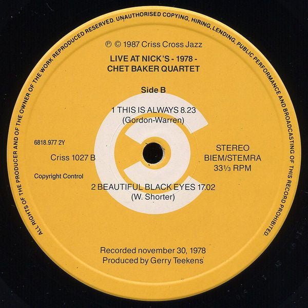 Chet Baker Quartet Featuring Phil Markowitz ~ Live At Nick's (Vinyl) - Djungel & Jazz