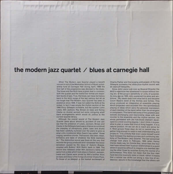 The Modern Jazz Quartet ~ Blues At Carnegie Hall (Vinyl) - Djungel & Jazz