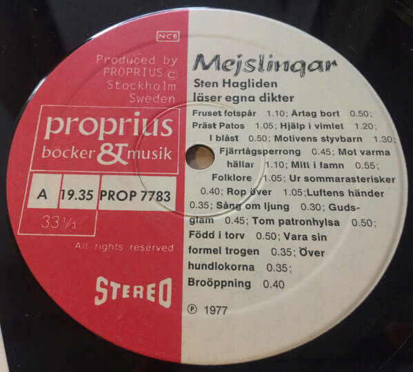 Sten Hagliden : Mejslingar : Sten Hagliden Läser Egna Dikter Från Åren 1932-1977 (LP, Album)