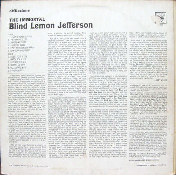 Blind Lemon Jefferson : The Immortal Blind Lemon Jefferson (LP, Comp, Mono)