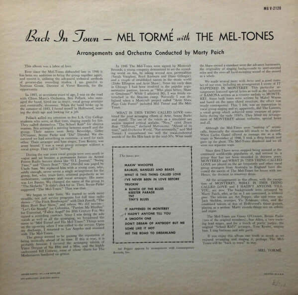 Mel Tormé with The The Mel-Tones : Back In Town (LP, Album, Mono)