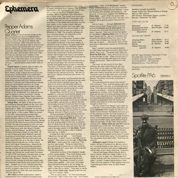 Pepper Adams Quartet ~ Ephemera (Vinyl) - Djungel & Jazz