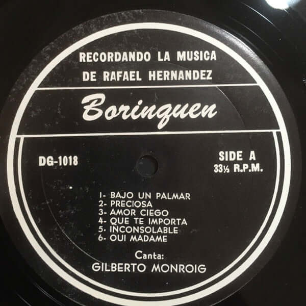 Gilberto Monroig : Recordando La Musica De Rafael Hernandez (LP, Album, Mono)