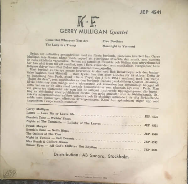 Gerry Mulligan Quartet : 3e Salon Du Jazz, Paris, 1954, à Pleyel (7", EP)
