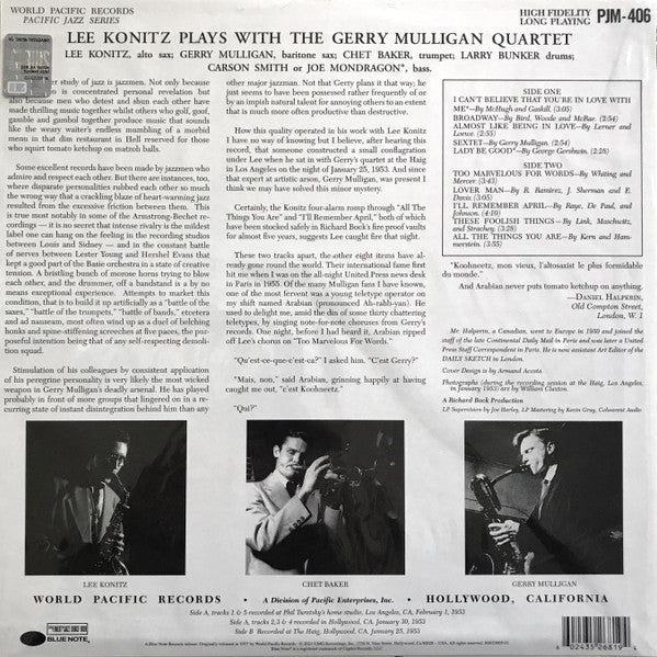 Lee Konitz Plays With The Gerry Mulligan Quartet ~ Lee Konitz Plays With The Gerry Mulligan Quartet (Vinyl) - Djungel & Jazz
