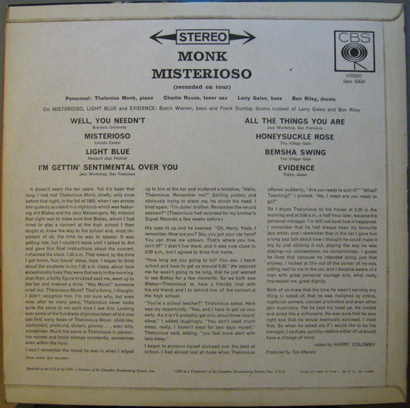 Thelonious Monk : Misterioso (Recorded On Tour) (LP)