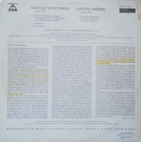 Arnold Schoenberg / Anton Webern - Carla Henius, Aribert Reimann : Fünfzehn Gedichte Aus «Das Buch Der Hängenden Gärten» Von Stefan George Op. 15 / Fünf Lieder Nach Gedichten Von Stefan George Op. 4 (LP)