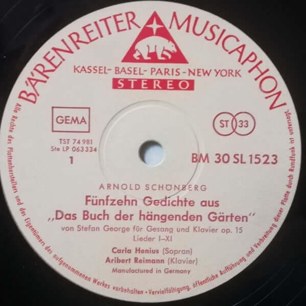 Arnold Schoenberg / Anton Webern - Carla Henius, Aribert Reimann : Fünfzehn Gedichte Aus «Das Buch Der Hängenden Gärten» Von Stefan George Op. 15 / Fünf Lieder Nach Gedichten Von Stefan George Op. 4 (LP)