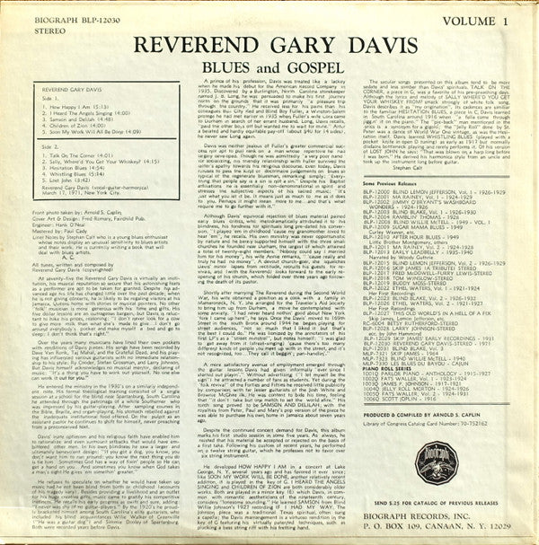Reverend Gary Davis ~ Volume 1 - New Blues And Gospel (Vinyl) - Djungel & Jazz