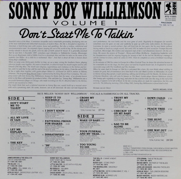 Sonny Boy Williamson (2) : Don't Start Me To Talkin' (Volume 1) (LP, Comp, RM)