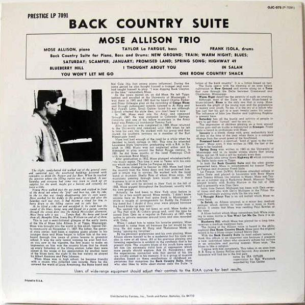 Mose Allison : Back Country Suite For Piano, Bass And Drums (LP, Album, RE)