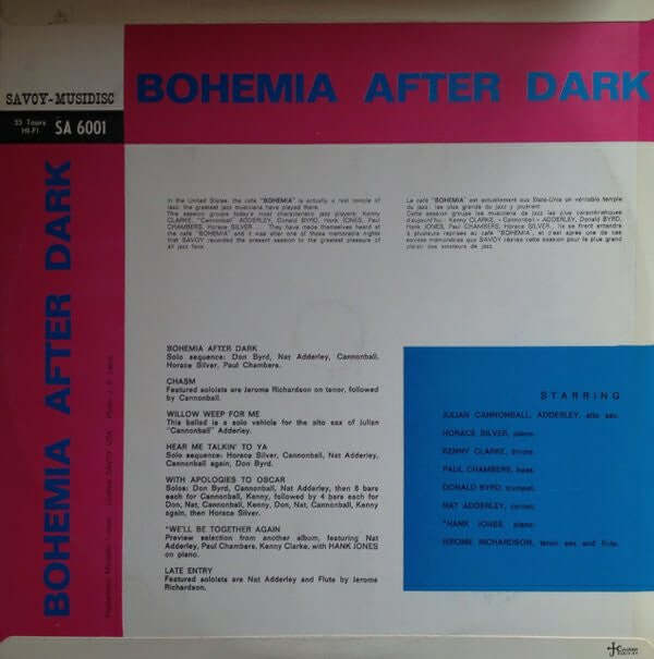 Cannonball Adderley - Donald Byrd - Horace Silver - Jerome Richardson - Paul Chambers (3) - Nat Adderley - Kenny Clarke : Bohemia After Dark (LP, Album, Mono, RE)