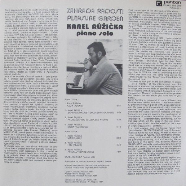 Karel Růžička : Zahrada Radosti (Pleasure Garden) (LP, Album)