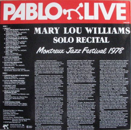 Mary Lou Williams : Solo Recital Montreux Jazz Festival 1978 (LP, Album)