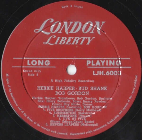 Herb Harper Featuring Bud Shank And Bob Gordon  ~ Herbie Harper Featuring Bud Shank And Bob Gordon (Vinyl) - Djungel & Jazz