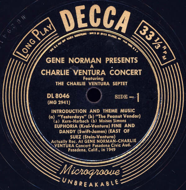 Gene Norman Presents Charlie Ventura Featuring The Charlie Ventura Septet, Jackie & Roy : Gene Norman Presents A Charlie Ventura Concert (LP, Album)
