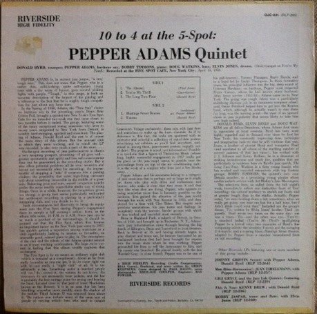 Pepper Adams Quintet : 10 To 4 At The 5-Spot (LP, Album, RE)