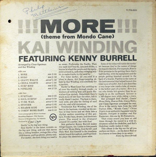 Kai Winding Featuring Kenny Burrell ~ !!! More !!! (Theme From Mondo Cane) (Vinyl) - Djungel & Jazz