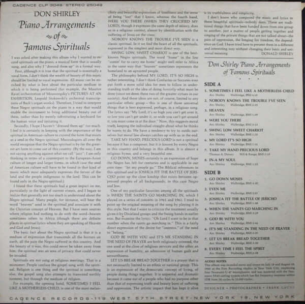 Don Shirley : Piano Arrangements Of Famous Spirituals (LP, Album, Mono)