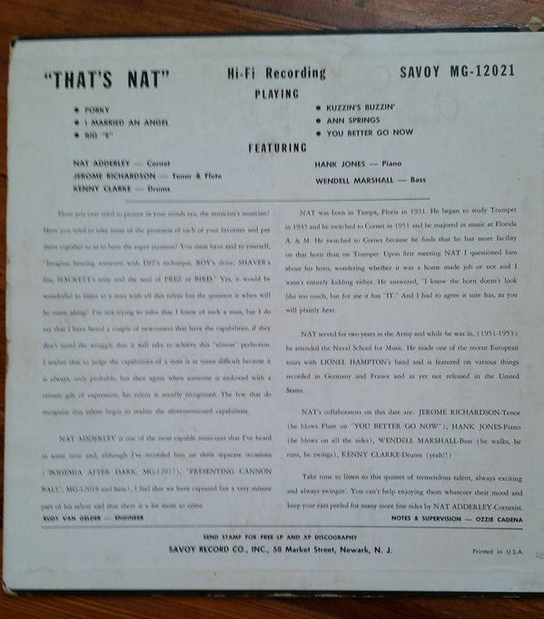 Nat Adderley : "That's Nat" Adderley (LP, Mono)