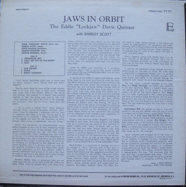 The Eddie "Lockjaw" Davis Quintet With Shirley Scott : Jaws In Orbit (LP, Album, Mono, Dee)