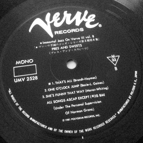 Lester Young & Harry Edison : Pres & Sweets (LP, Album, Mono, RE)