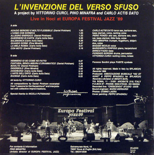 Carlo Actis Dato • Piero Ponzo • Pino Minafra • Maggie Nicols • Margherita Porfido • Enrico Fazio • Fiorenzo Sordini • Vittorino Curci ~ L'Invenzione Del Verso Sfuso (Vinyl) - Djungel & Jazz