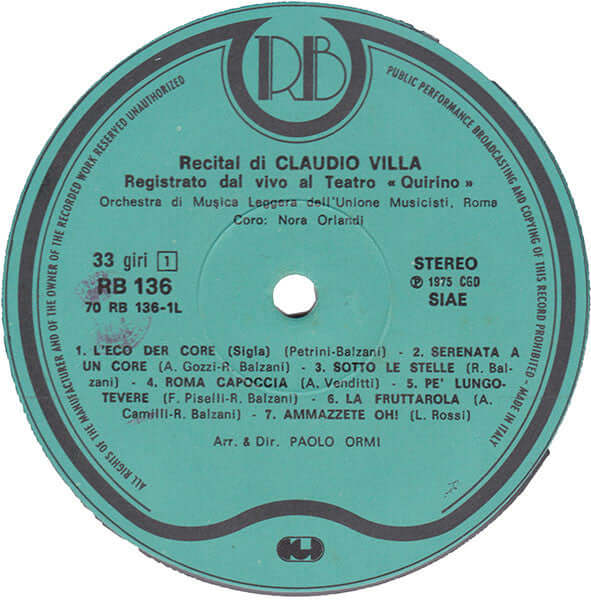 Claudio Villa ~ Recital Claudio Villa (Vinyl) - Djungel & Jazz