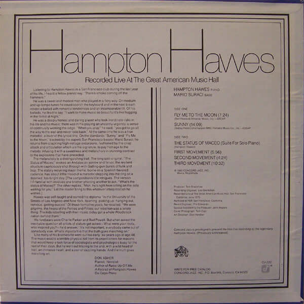 Hampton Hawes ~ Recorded Live At The Great American Music Hall (Vinyl) - Djungel & Jazz