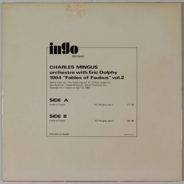 Charles Mingus Sextet , With Eric Dolphy : 1964, "Fables Of Faubus" Vol. 2 (LP, Unofficial)