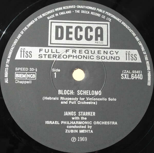 Ernest Bloch / Janos Starker / Israel Philharmonic Orchestra / Zubin Mehta : Schelomo / Voice In The Wildnerness (LP, RP)