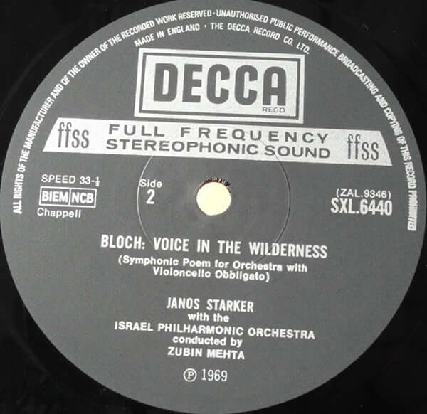 Ernest Bloch / Janos Starker / Israel Philharmonic Orchestra / Zubin Mehta : Schelomo / Voice In The Wildnerness (LP, RP)