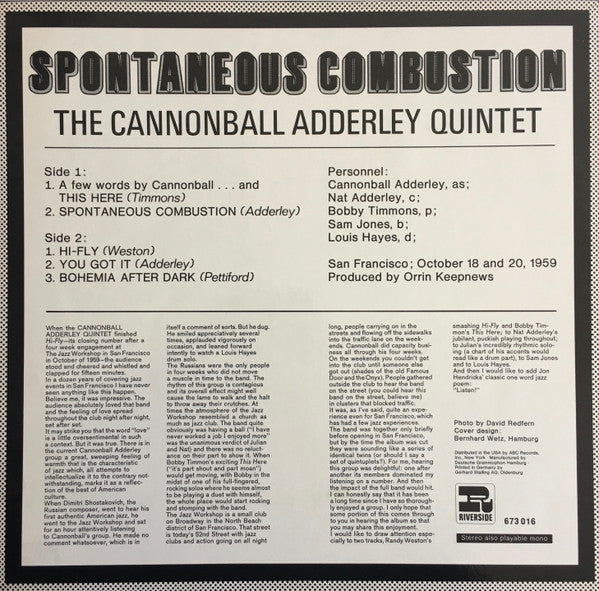 The Cannonball Adderley Quintet : Spontaneous Combustion (LP, Album, RE)