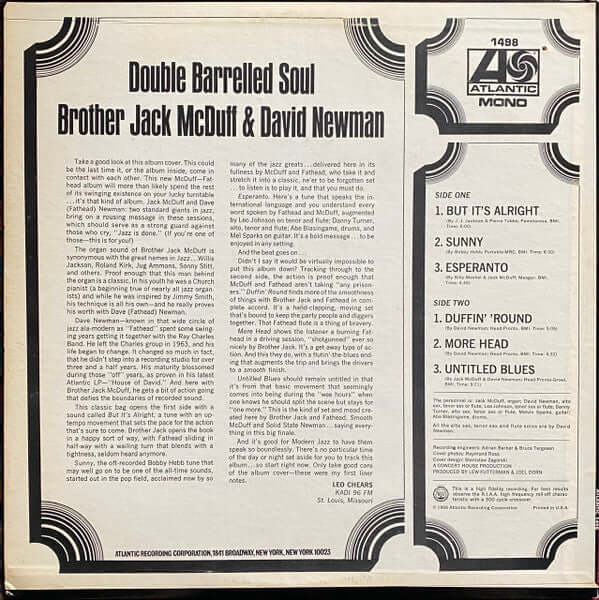 Brother Jack McDuff And David "Fathead" Newman : Double Barrelled Soul (LP, Album, Mono)