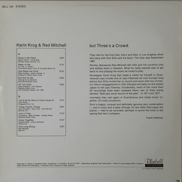 Karin Krog & Red Mitchell ~ But Three's A Crowd (Vinyl) - Djungel & Jazz