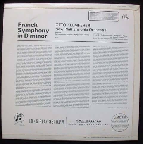 Franck, Otto Klemperer, The New Philharmonia Orchestra ~ Symphony In D Minor (Vinyl) - Djungel & Jazz