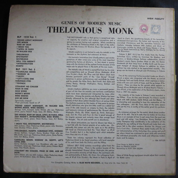 Thelonious Monk : Genius Of Modern Music Volume 1 (LP, Comp, Mono, RM, RP)