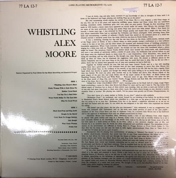 Alex Moore : Blues Piano Vocal And Whistling (LP, Album, Mono)
