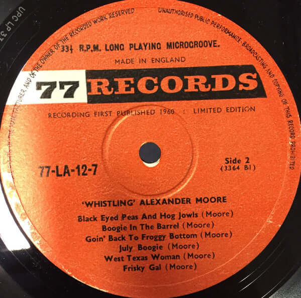 Alex Moore : Blues Piano Vocal And Whistling (LP, Album, Mono)