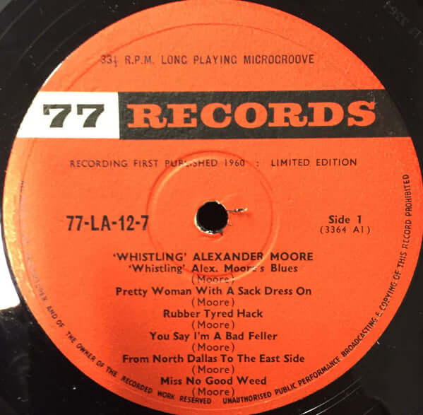 Alex Moore : Blues Piano Vocal And Whistling (LP, Album, Mono)