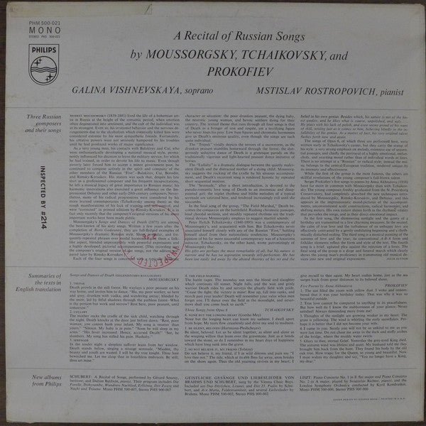 Modest Mussorgsky, Pyotr Ilyich Tchaikovsky, Sergei Prokofiev, Galina Vishnevskaya, Mstislav Rostropovich : Songs And Dances Of Death (LP, Album)