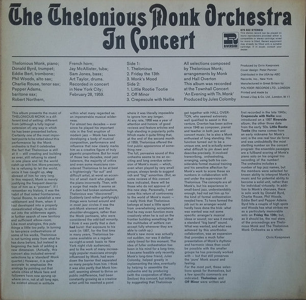 The Thelonious Monk Orchestra : In Concert (LP, Album, RE)