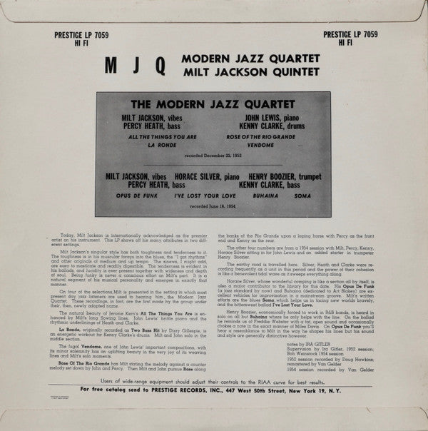 The Modern Jazz Quartet, Milt Jackson Quintet ~ M J Q (Vinyl) - Djungel & Jazz