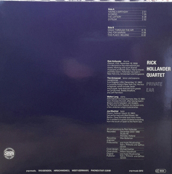 Rick Hollander Quartet ~ Private Ear (Vinyl) - Djungel & Jazz