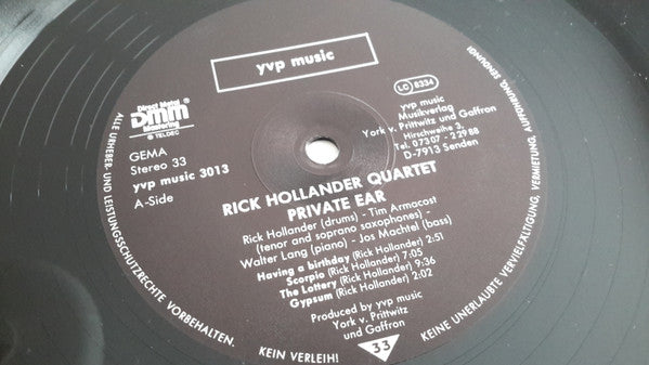Rick Hollander Quartet ~ Private Ear (Vinyl) - Djungel & Jazz