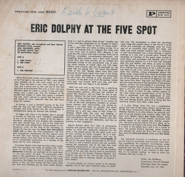 Eric Dolphy ~ At The Five Spot, Volume 1. (Vinyl) - Djungel & Jazz