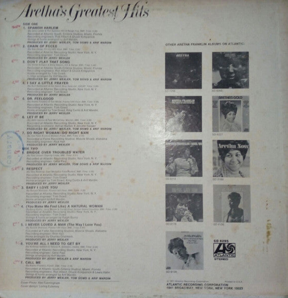 Aretha Franklin : Aretha's Greatest Hits (LP, Comp, PR)