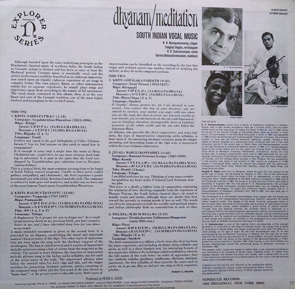 K. V. Narayanaswamy, Palghat Raghu, V. V. Subramaniam ~ Dhyānam / Meditation (South Indian Vocal Music) (Vinyl) - Djungel & Jazz