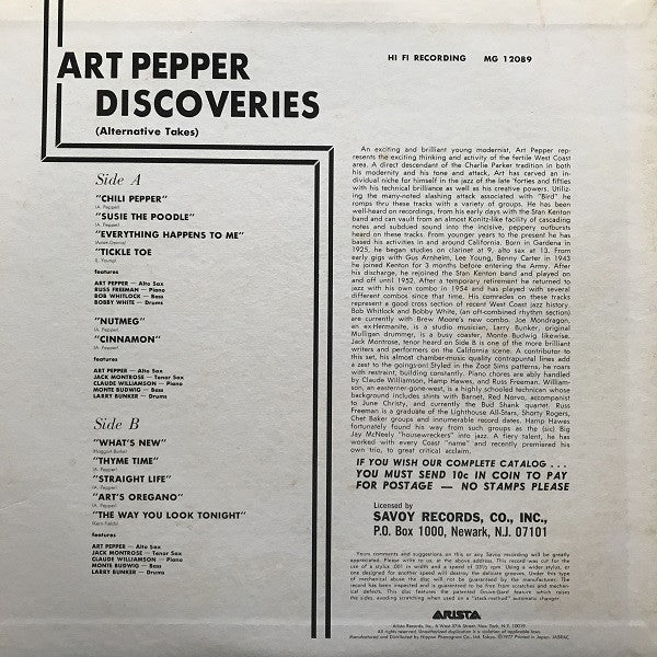 Art Pepper ~ Discoveries (Alternative Takes) (Vinyl) - Djungel & Jazz