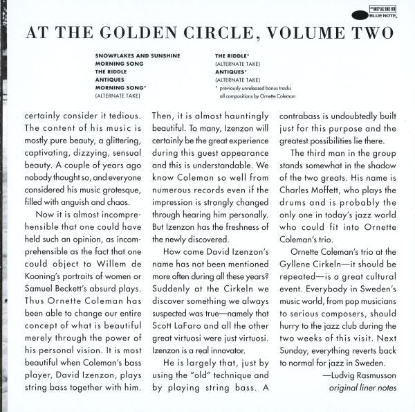 The Ornette Coleman Trio ~ At The "Golden Circle" Stockholm - Volume Two (Vinyl) - Djungel & Jazz